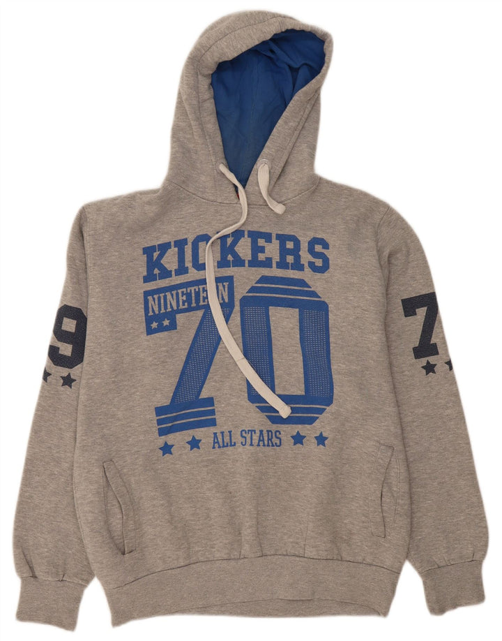 KICKERS Mens Graphic Hoodie Jumper Large Grey Cotton