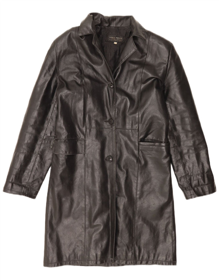 VINTAGE Womens Leather Coat UK 16 Large Black Leather