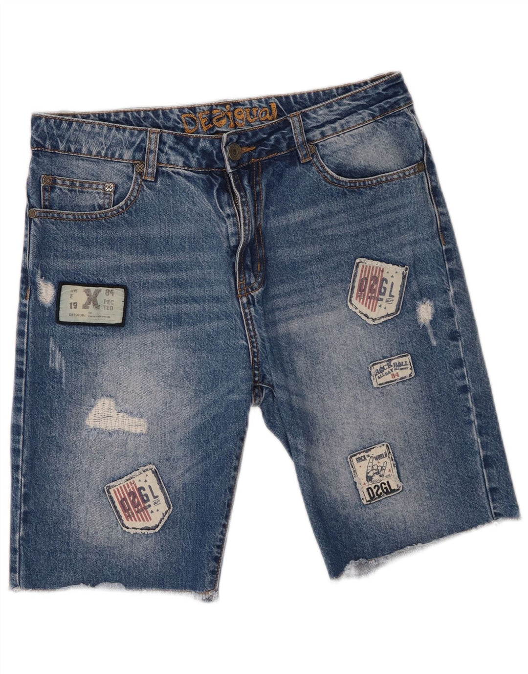 Desigual Herre Distressed Denim Shorts W30 Medium Blue Patchwork Bomuld