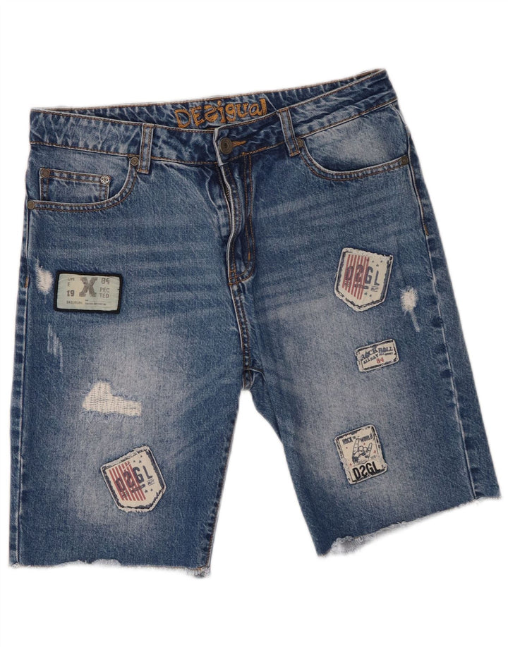 Desigual Herre Distressed Denim Shorts W30 Medium Blue Patchwork Bomuld
