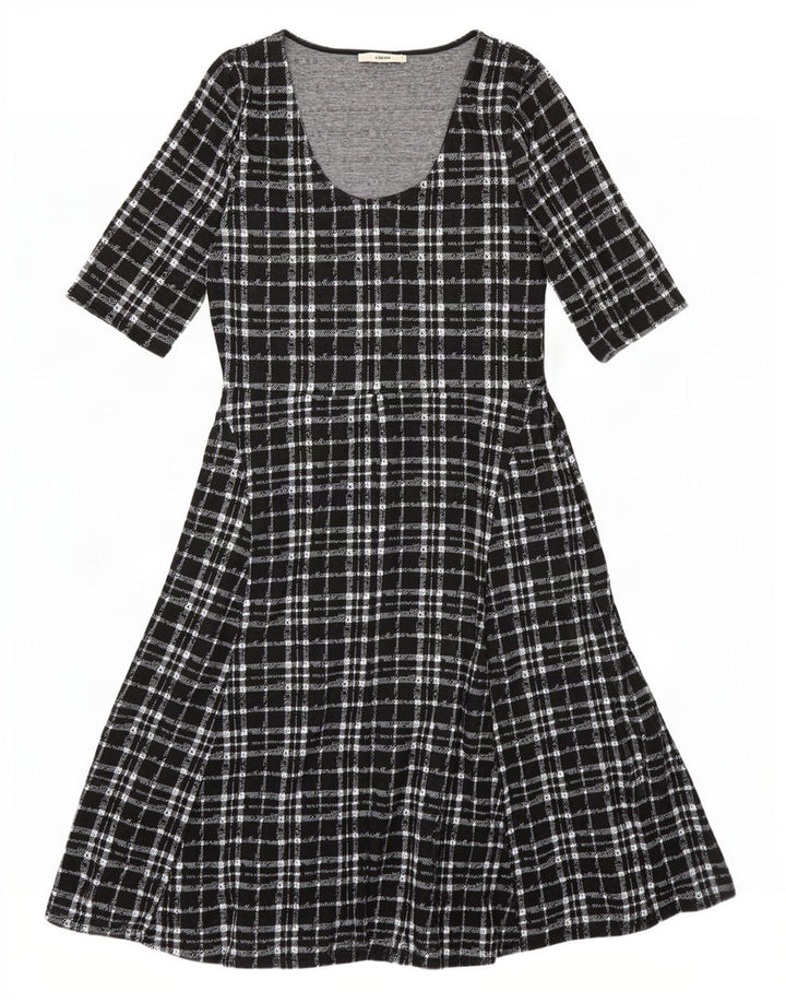 Oasis Womens 3/4 Sleeve A-Line Dress UK 14 Large Black Check Polyester