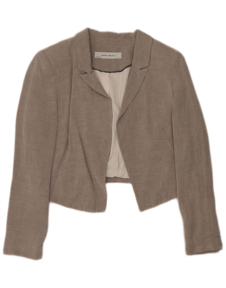 Zara Womens Open Crop Blazer Jacket UK 12 Medium Grey Cotton