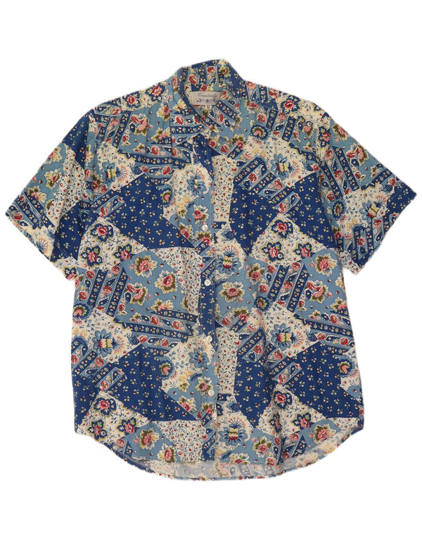 Creativity Womens Short Sleeve Shirt UK 10 Small Blue Patchwork Cotton