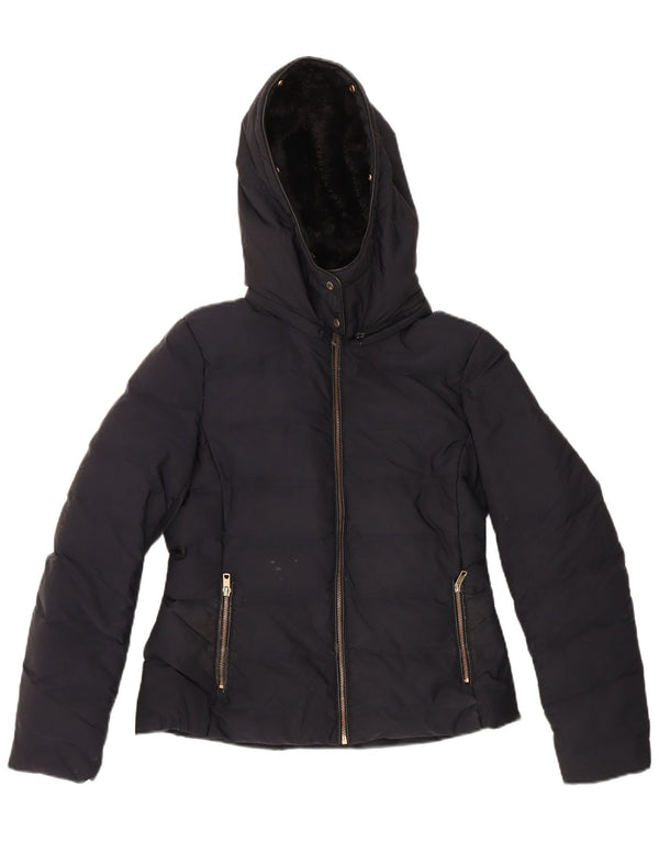 Zara Womens Hooded Sherpa Padded Jacket UK 16 Large Navy Blue Polyester