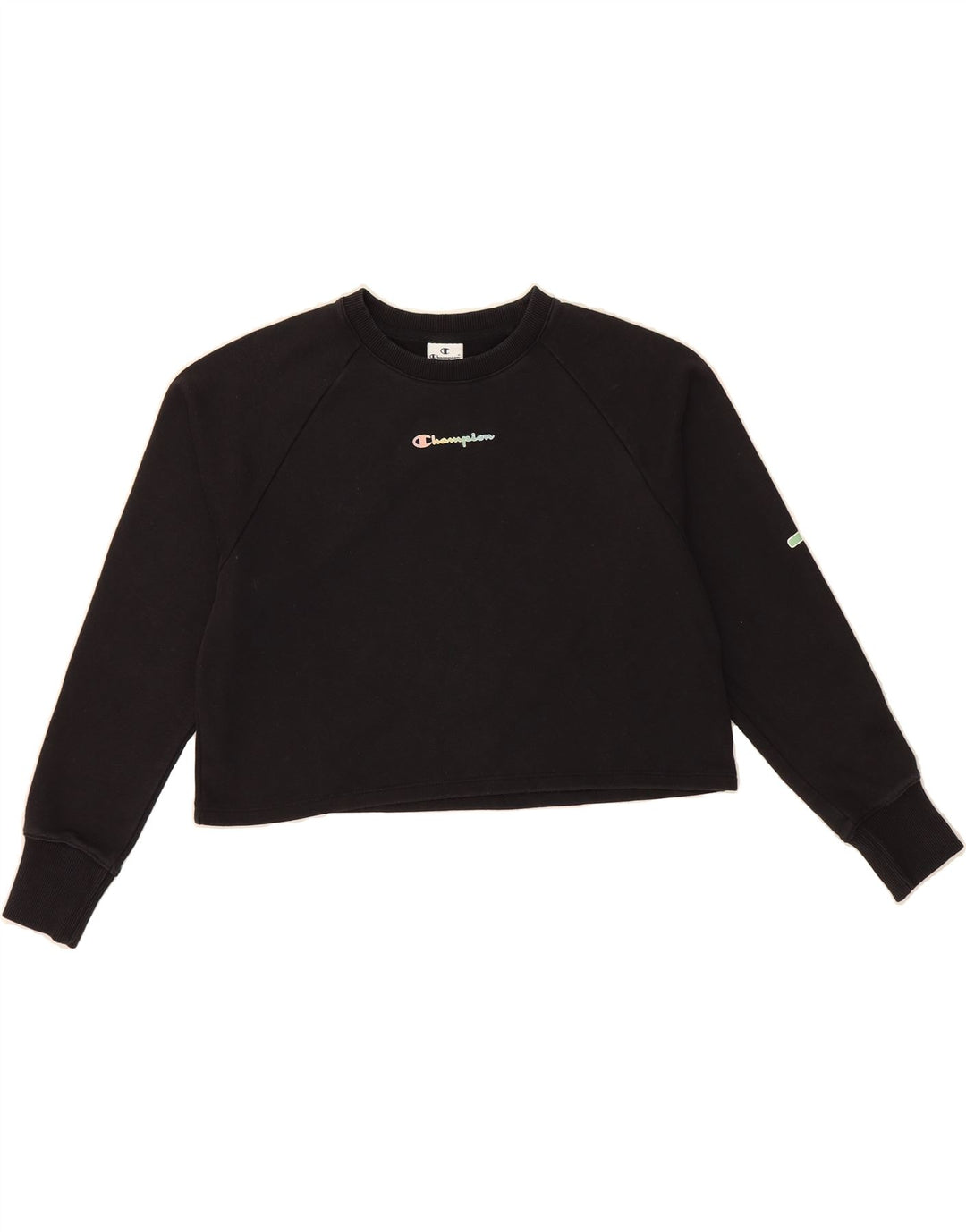 CHAMPION Womens Crop Oversized Graphic Sweatshirt Jumper UK 10 Small Black Vintage Champion and Second-Hand Champion from Messina Hembry 