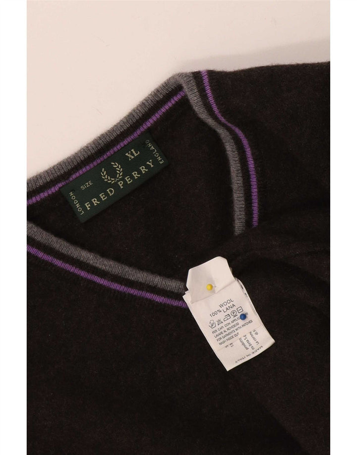 Fred Perry Mens V-Neck Jumper Sweater XL Black Wool