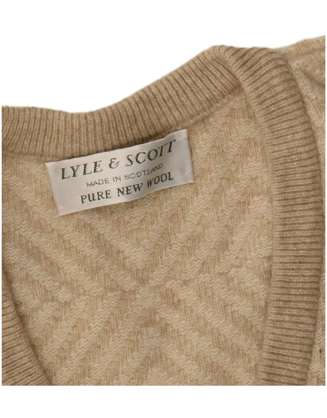Lyle & Scott Mens V-Neck Jumper Sweater XL Beige Geometric Wool
