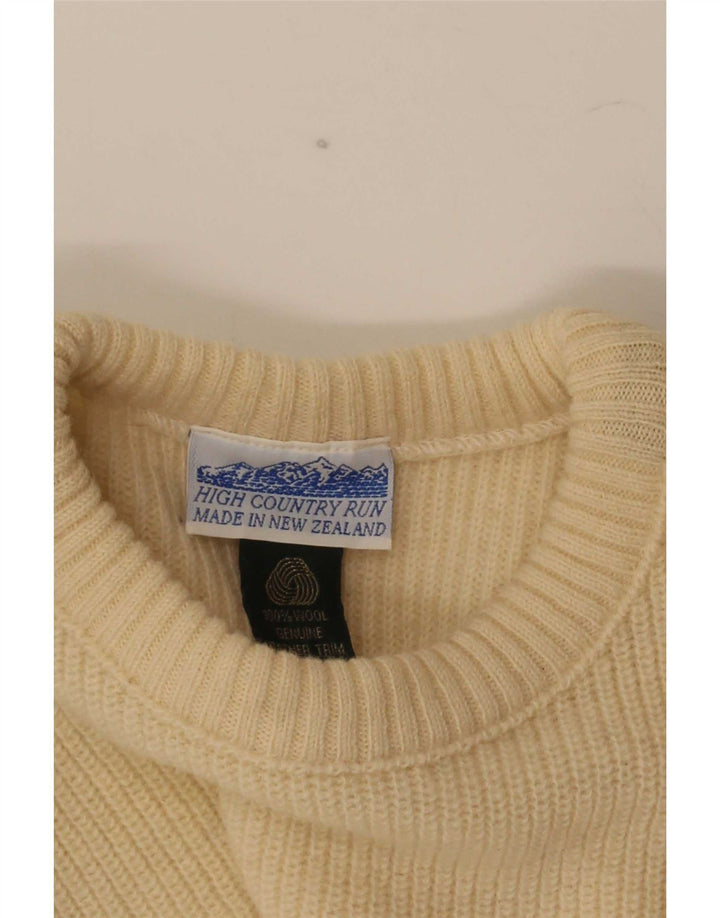 Vintage Mens Crew Neck Jumper Sweater Medium Beige Colourblock Wool
