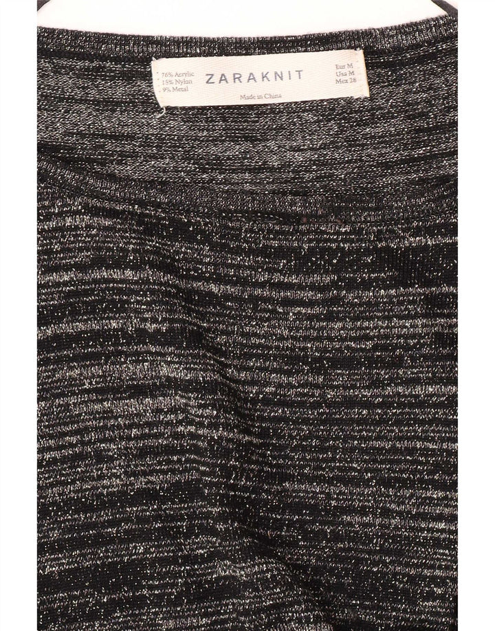 Zara Femme Top Manches Longues UK 12 Acrylique Rayé Noir Moyen