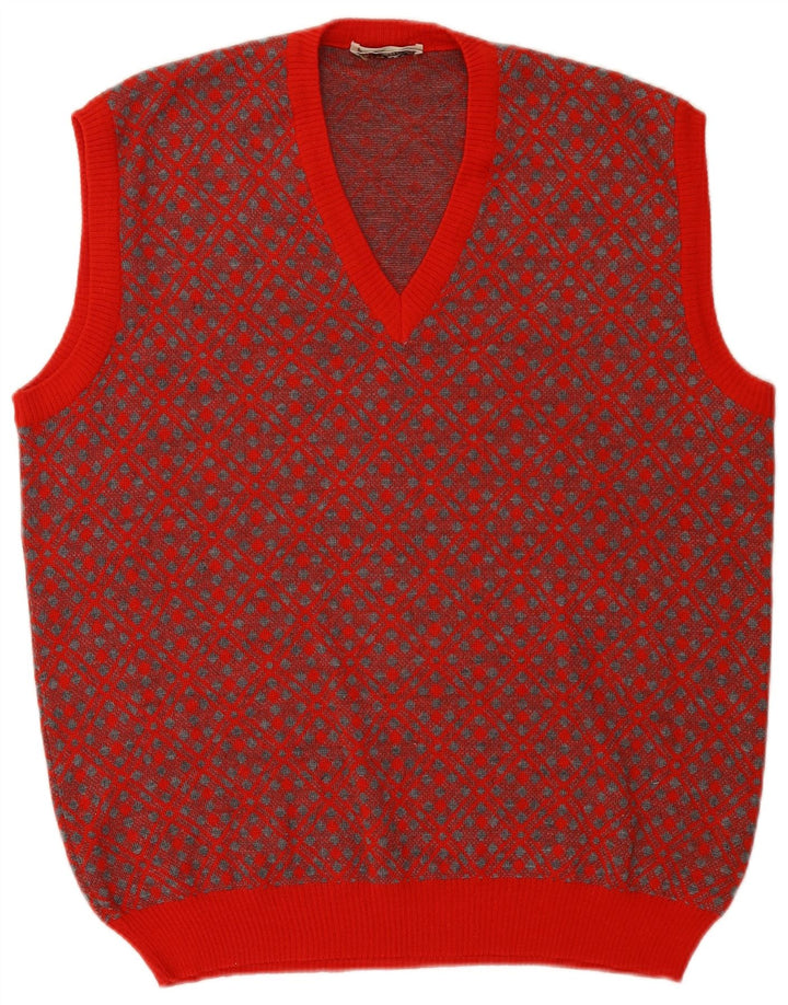 Vintage Mens Vest Tank Top Large Red Geometric Wool