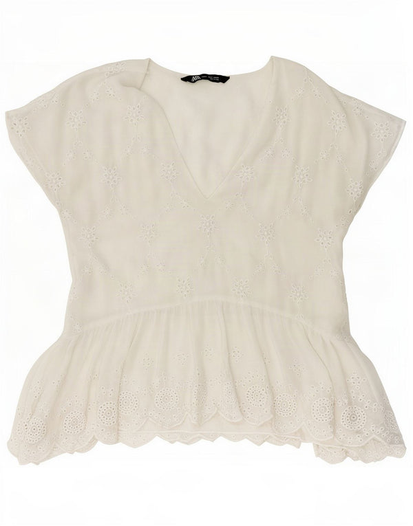 Zara Womens Blouse Top UK 10 Petit Blanc Floral