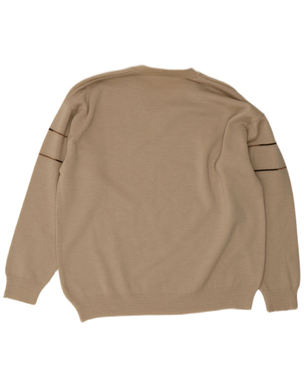 Vintage Herre V-hals sweater IT 50 Medium Beige Stribet polyakryl