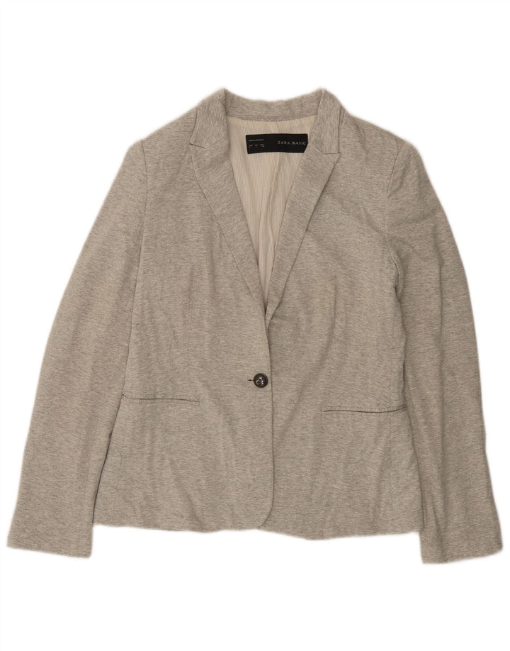 Zara Womens 1 Button Blazer Jacket UK 14 Large Grey Flecked Cotton
