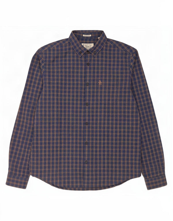Penguin Mens Heritage Slim Fit Flannel Shirt Large Navy Blue Check Cotton