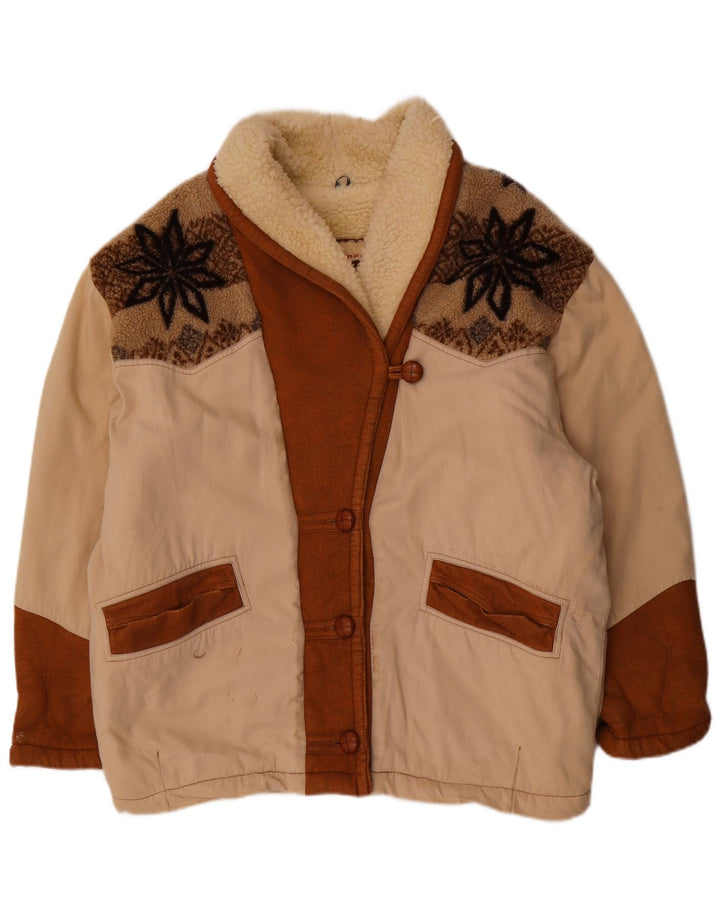 Vintage Womens Oversized Sherpa Jacket UK 18 XL Beige Fair Isle Polyester