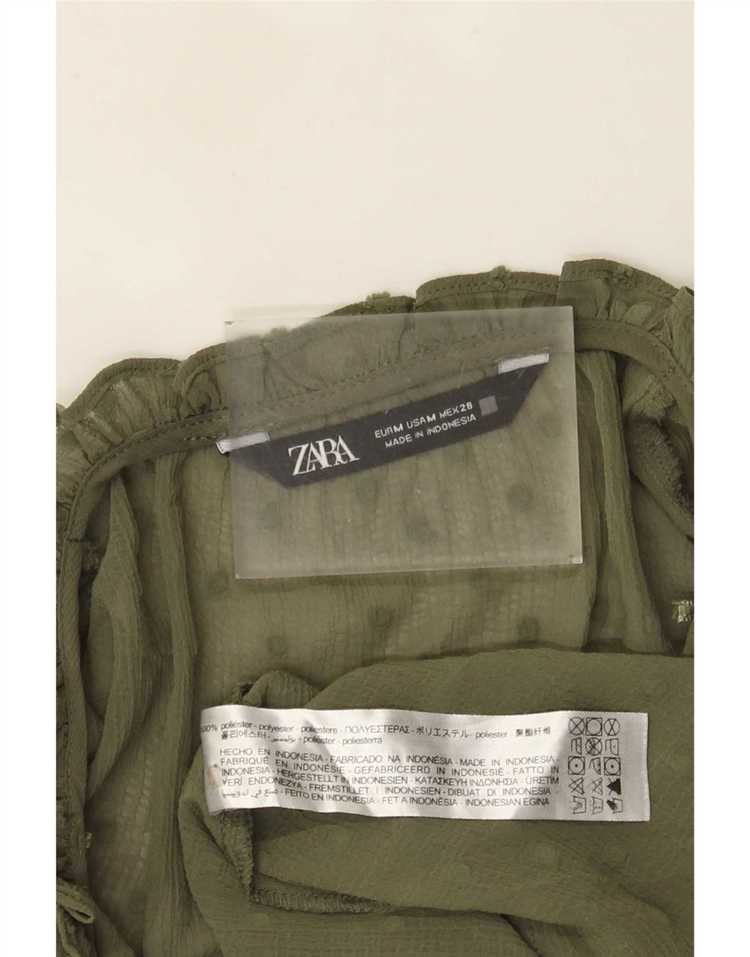 Zara Womens See Through 3/4 Sleeve Blouse Top UK 14 Medium Khaki Spotted