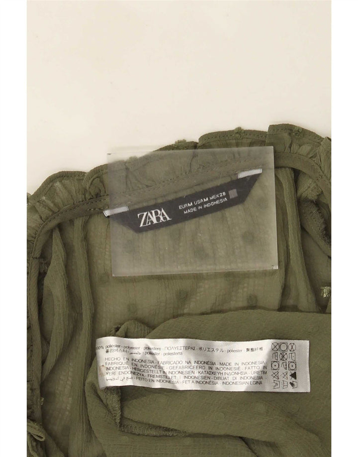 Zara Womens See Through 3/4 Sleeve Blouse Top UK 14 Medium Khaki Spotted