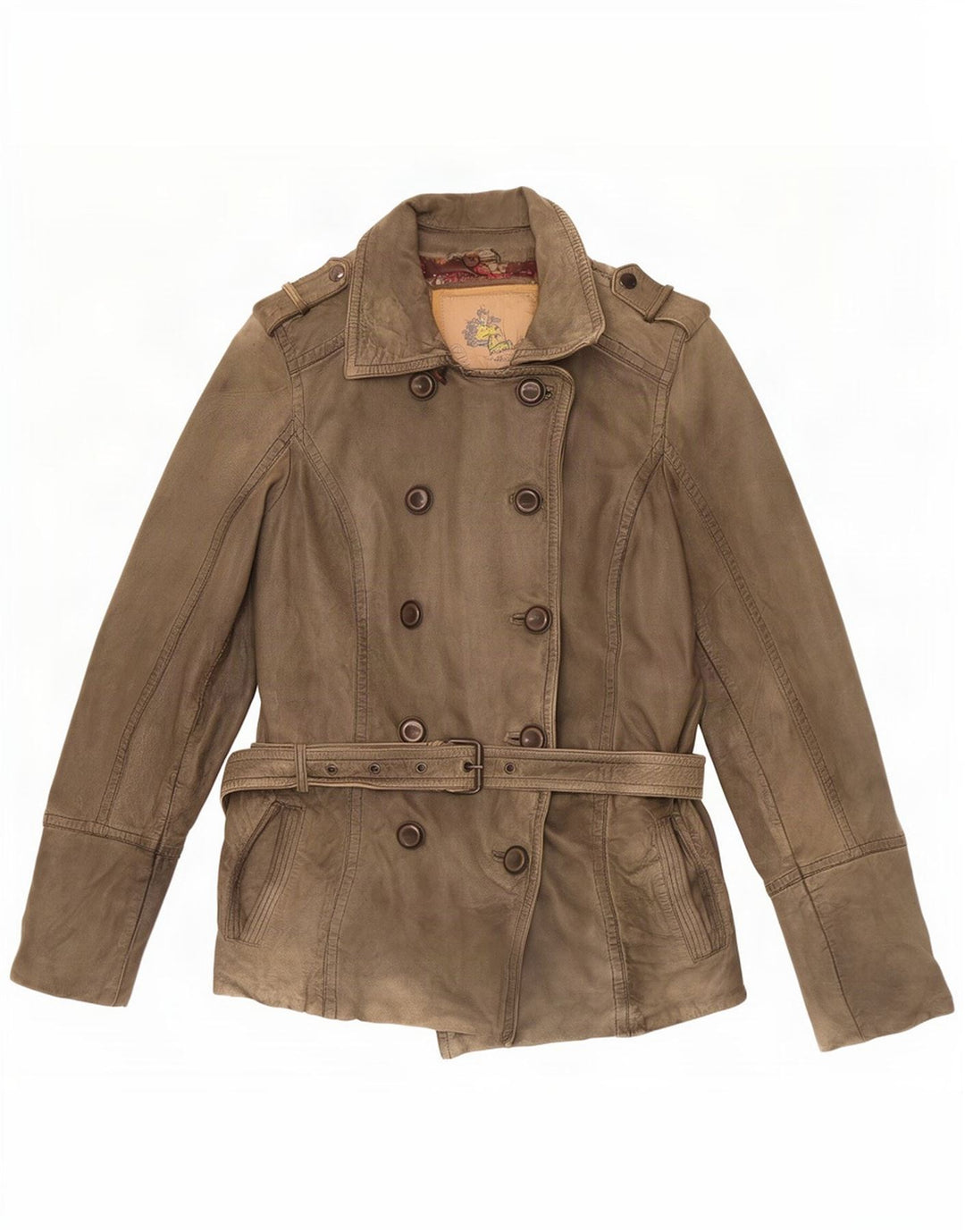 Vintage Womens Military Double Breasted Leather Jacket EU 38 Medium Khaki