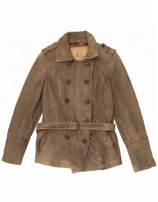 Vintage Womens Military Double Breasted Leather Jacket EU 38 Medium Khaki