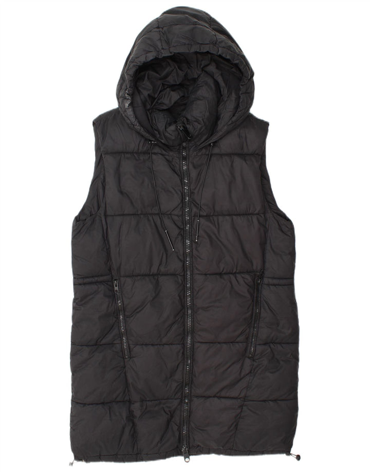 Zara Womens Longline Hooded Padded Gilet UK 14 Medium Black Polyester