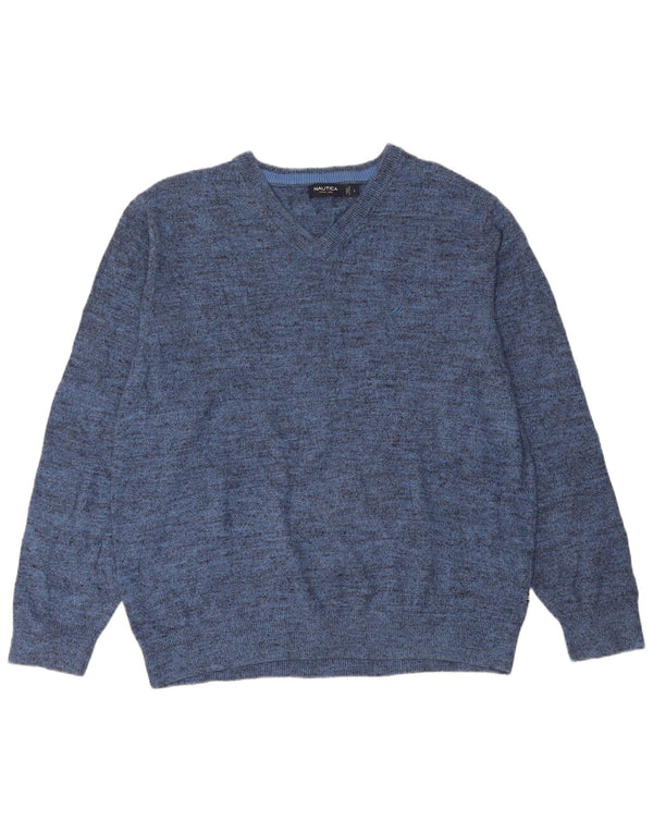 Nautica Mens V-Neck Jumper Sweater Large Blue Flecked Cotton