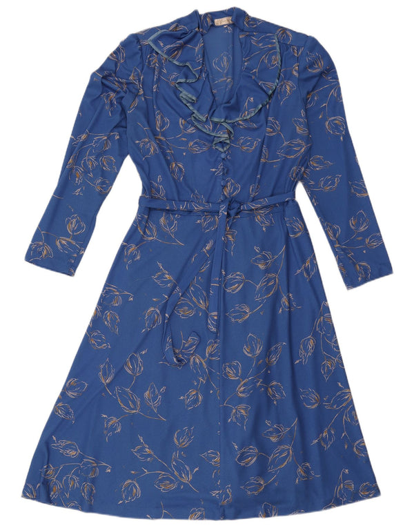 Vintage Womens Long Sleeve A-Line Dress UK 16 Large Blue Floral