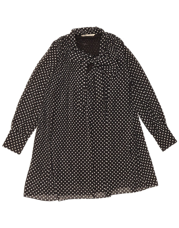 Zara Womens Long Sleeve Front Tie A-Line Dress UK 14 Medium Black Polka Dot