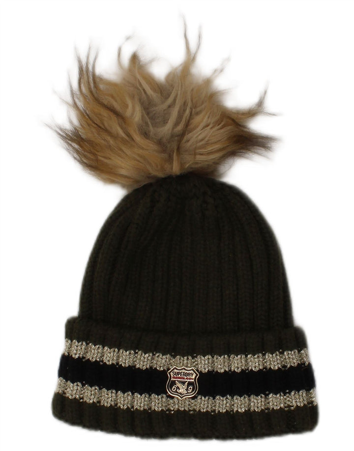 Superdry Damestrik Bobble Hat One Size Khaki stribet vinter