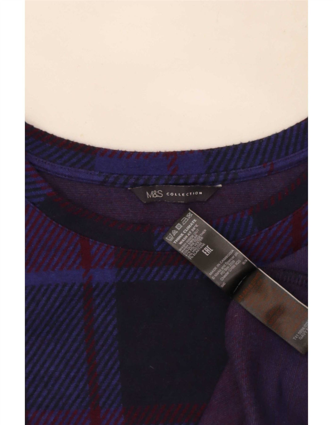 Marks & Spencer Womens Top Long Sleeve UK 14 Large Navy Blue Check