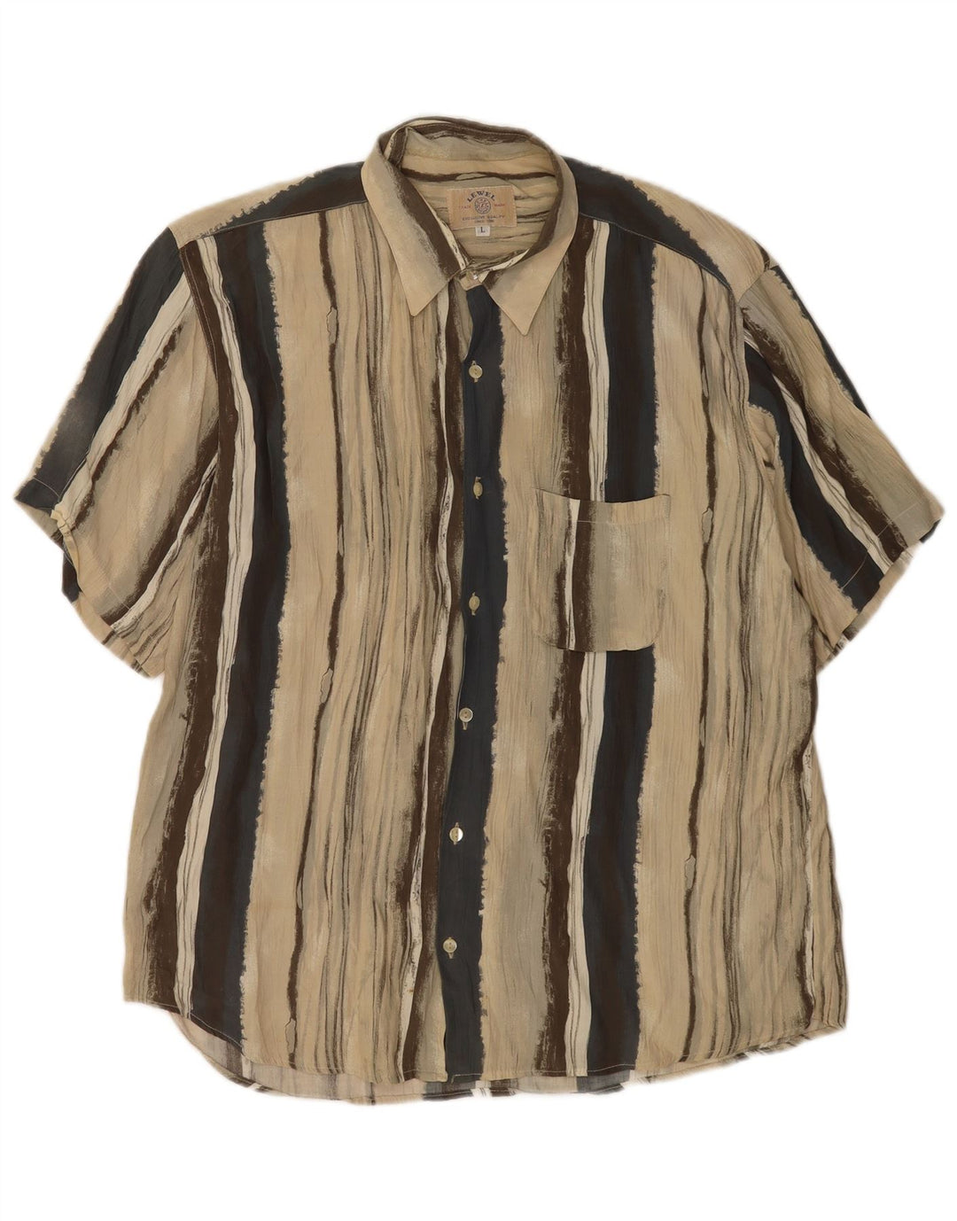 Vintage Mens Short Sleeve Shirt Large Beige Striped Viscose