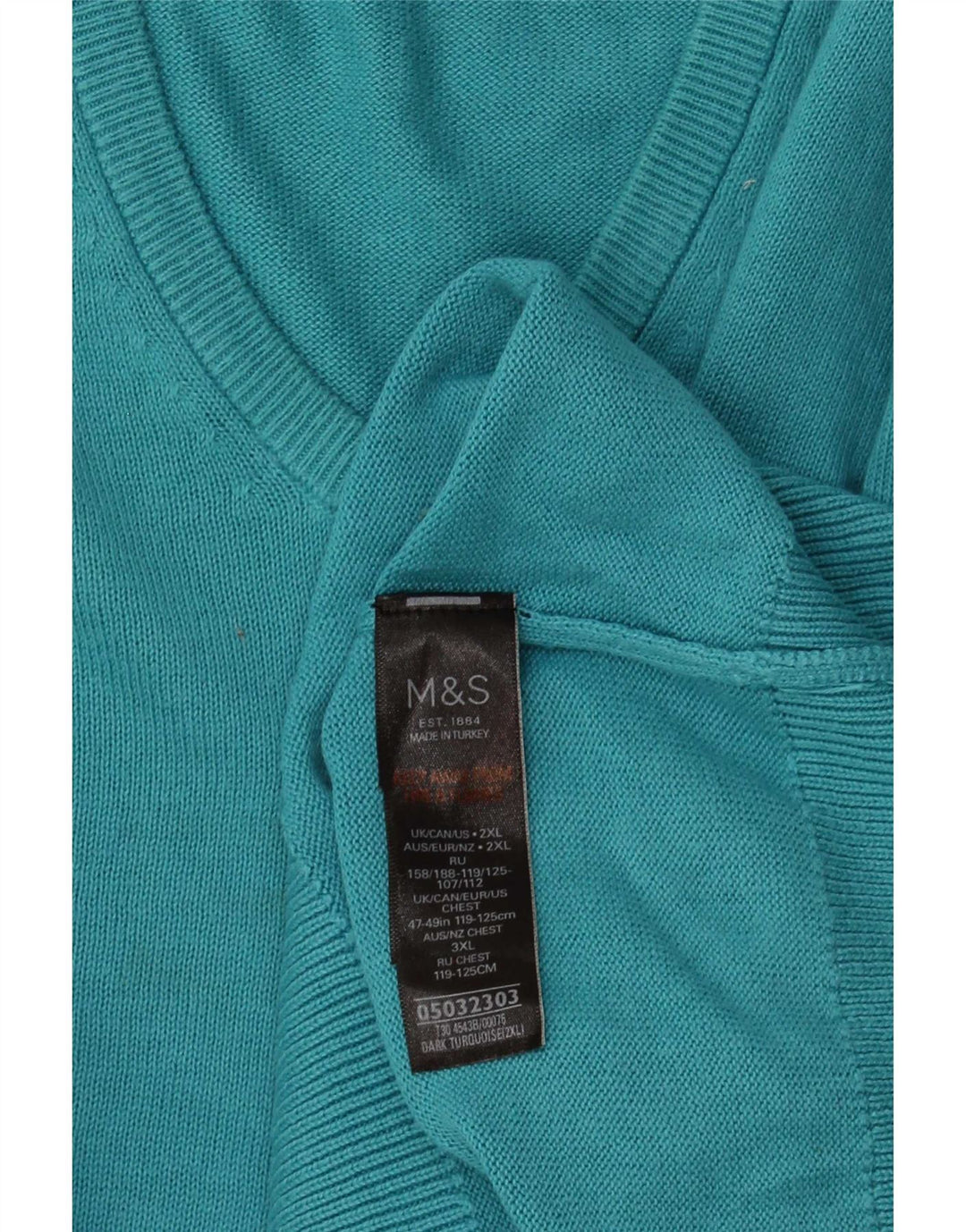 Marks & Spencer Mens V-Neck Jumper Sweater 2XL Turquoise Cotton
