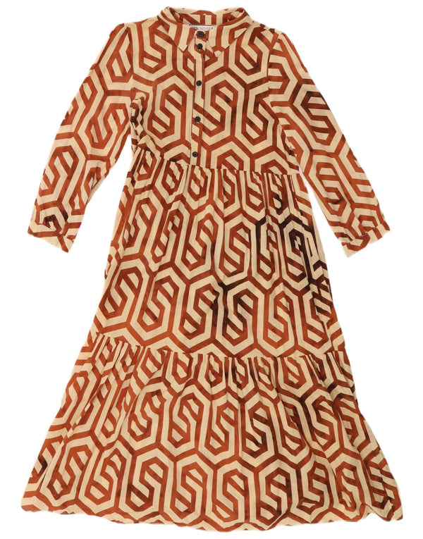 Zara Dame 3/4-ærmet Tiered Dress UK 10 Small Beige Geometric