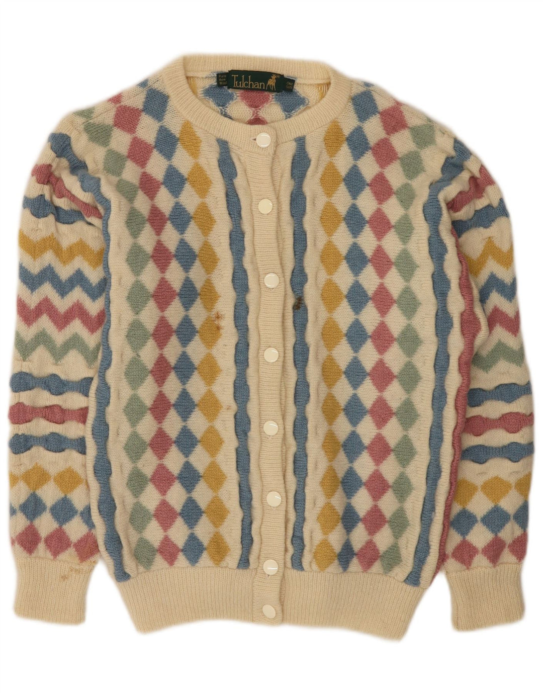 Tulchan Womens Cardigan Sweater One Size Beige Argyle/Diamond New Wool