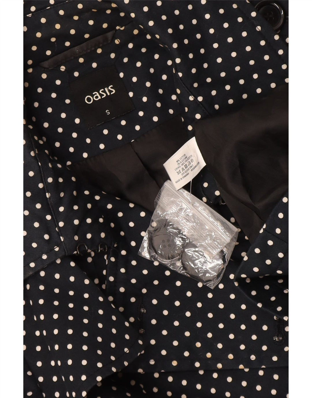 Oasis Womens Trench Coat UK 8 Small Black Polka Dot Cotton
