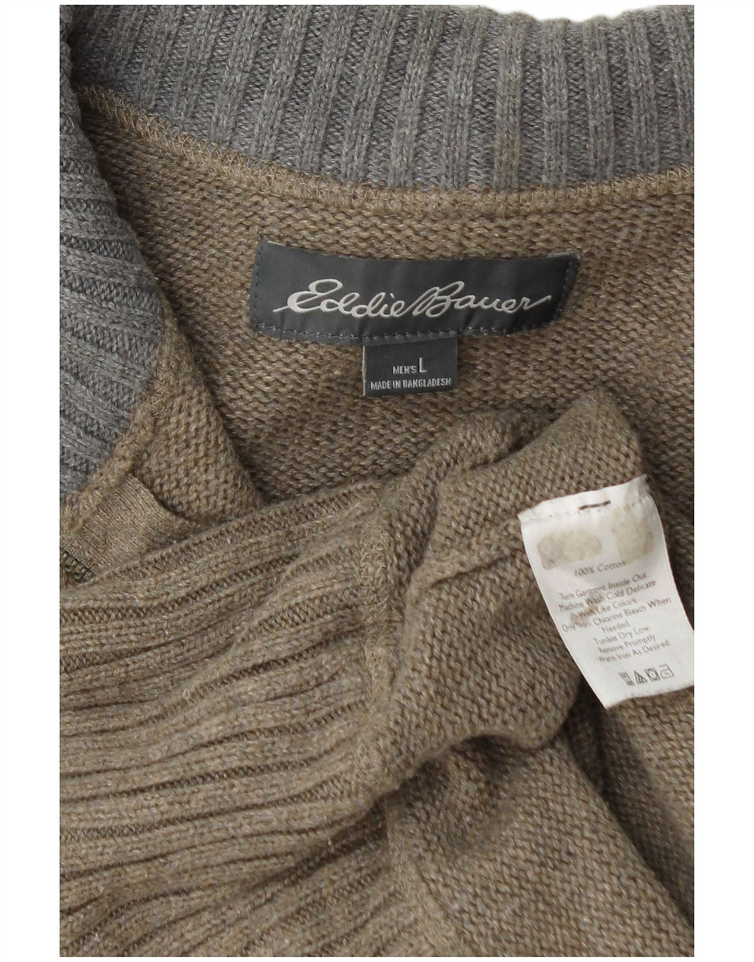 EDDIE BAUER Mens Zip Neck Jumper Sweater Large Khaki Cotton