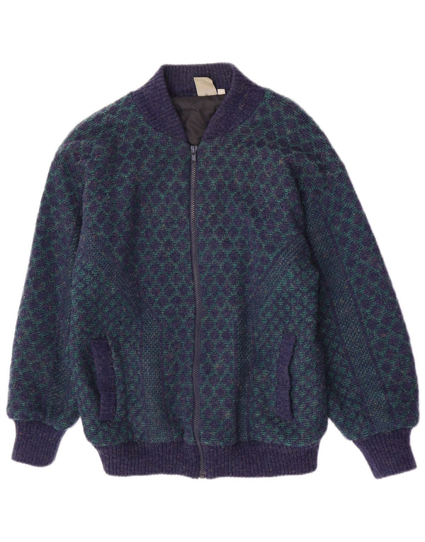 Vintage Mens Knit Bomber Jacket UK 38 Medium Blue Geometric Acrylic Retro