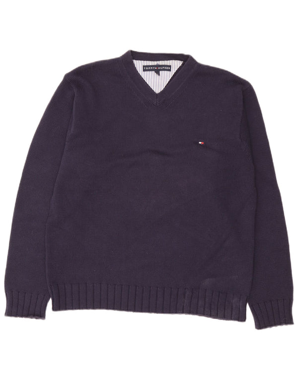 Maglione maglione con scollo a V da uomo Tommy Hilfiger piccolo in cotone blu navy
