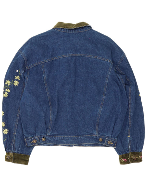 Vintage Womens Loose Fit Denim Jacket UK 14 Medium Blue Floral Cotton