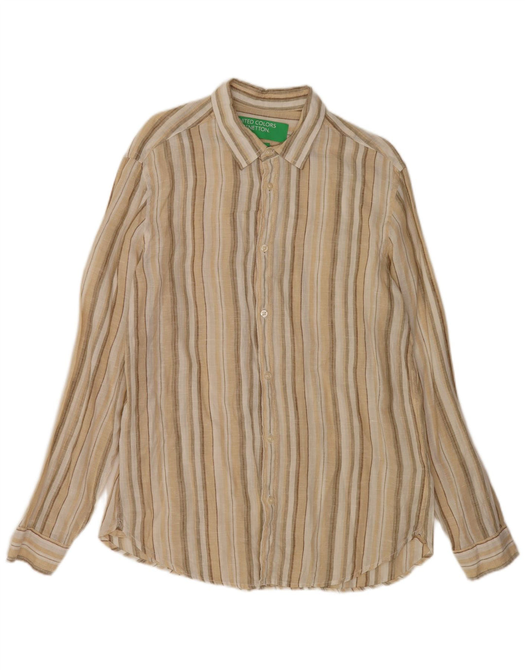 Benetton Mens Shirt Medium Beige Striped Linen