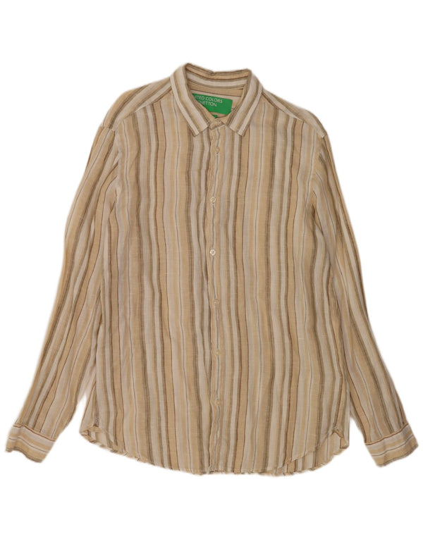Camicia Benetton Uomo Lino Rigato Beige Medio