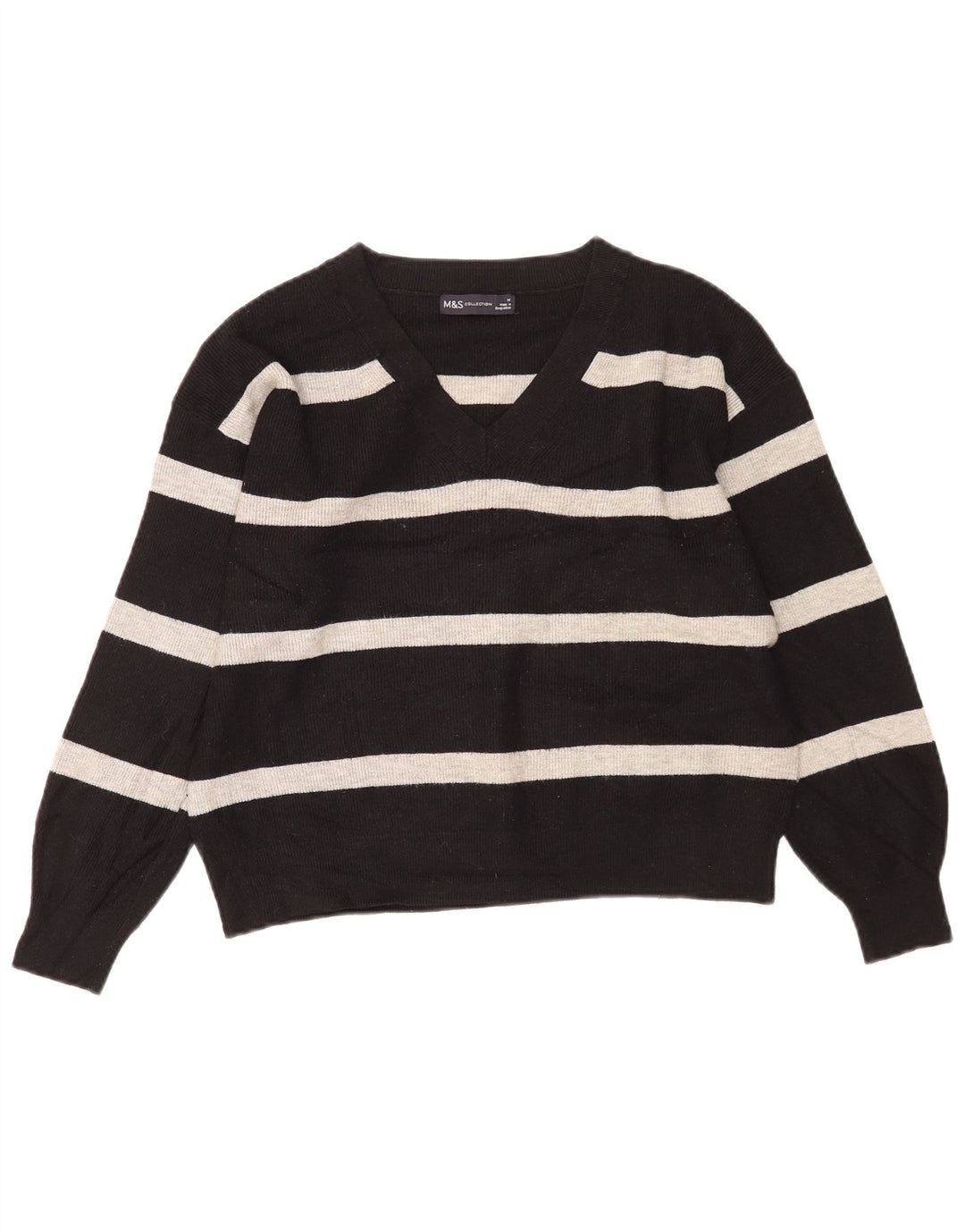 Marks & Spencer Womens V-Neck Jumper Sweater UK 14 Medium Black Striped