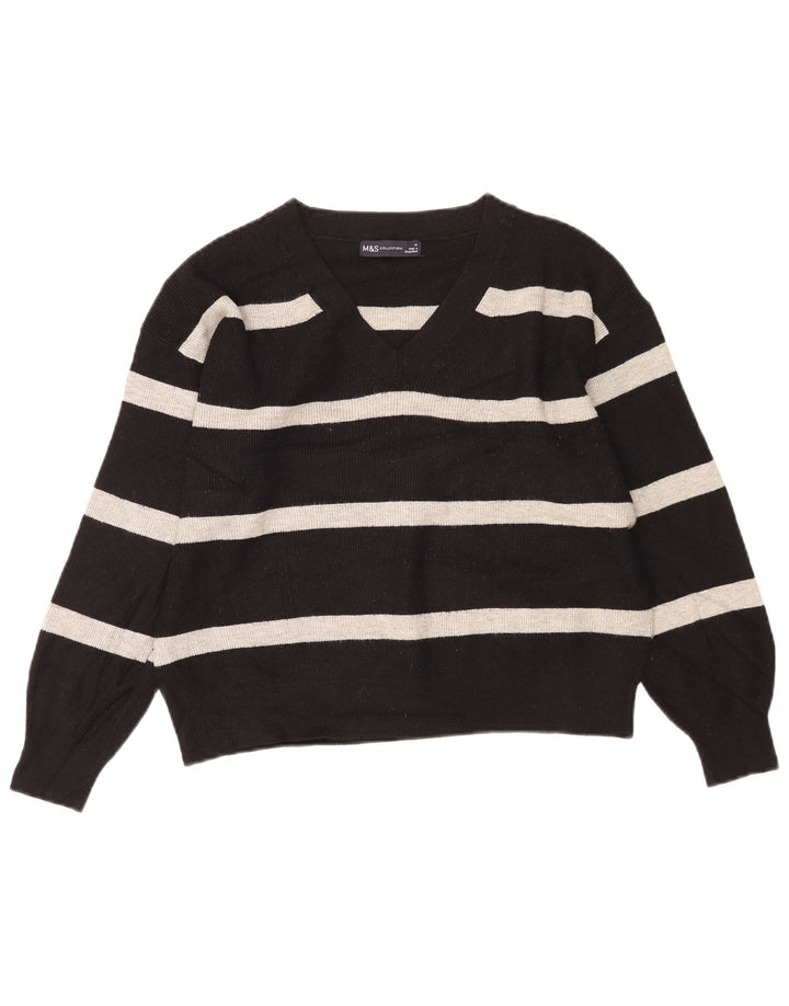 Marks & Spencer Womens V-Neck Jumper Sweater UK 14 Medium Black Striped