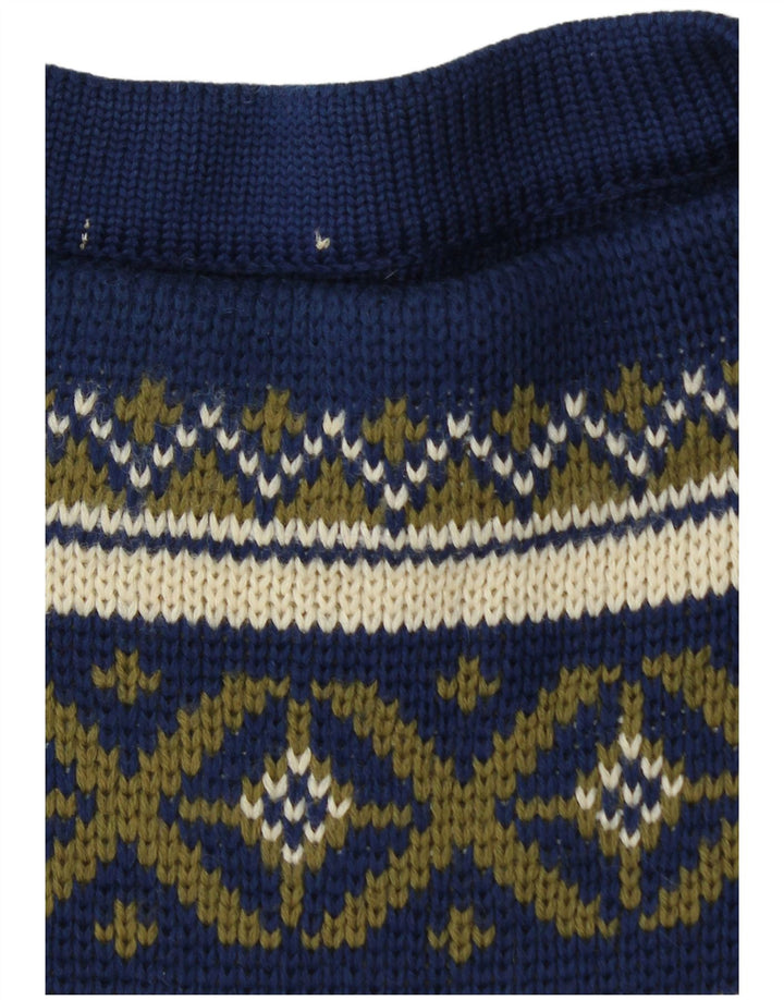 VINTAGE Mens Boat Neck Jumper Sweater Medium Navy Blue Fair Isle