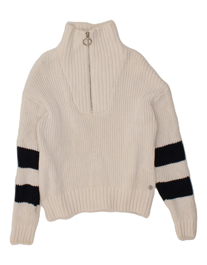 JACK WILLS Womens Zip Neck Jumper Sweater UK 12 Medium White Colourblock Vintage Jack Wills and Second-Hand Jack Wills from Messina Hembry 