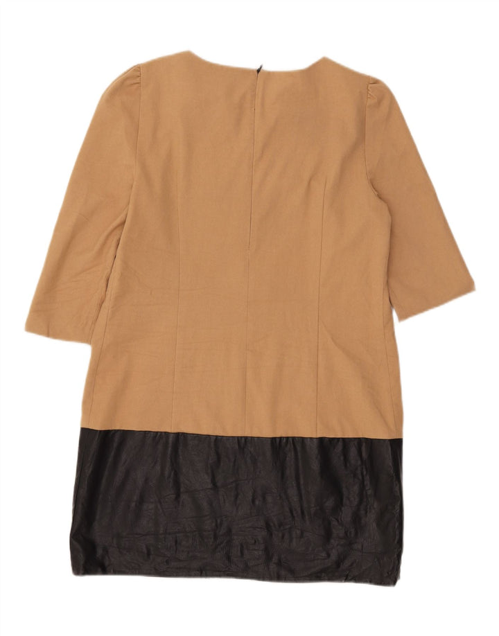 Zara Womens 3/4 Sleeve Shift Dress UK 14 Large Beige Colourblock Polyester
