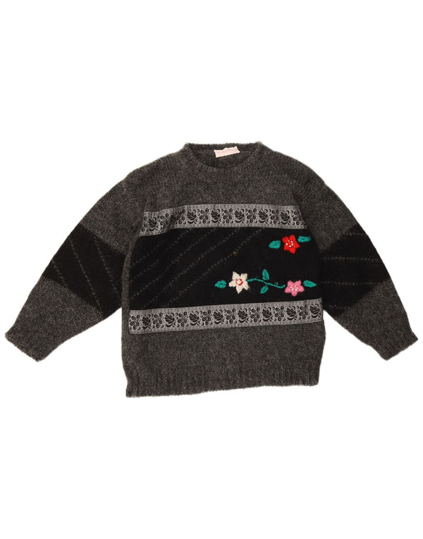 Vintage Dame Crew Neck Jumper Sweater UK 10 Small Grey Floral