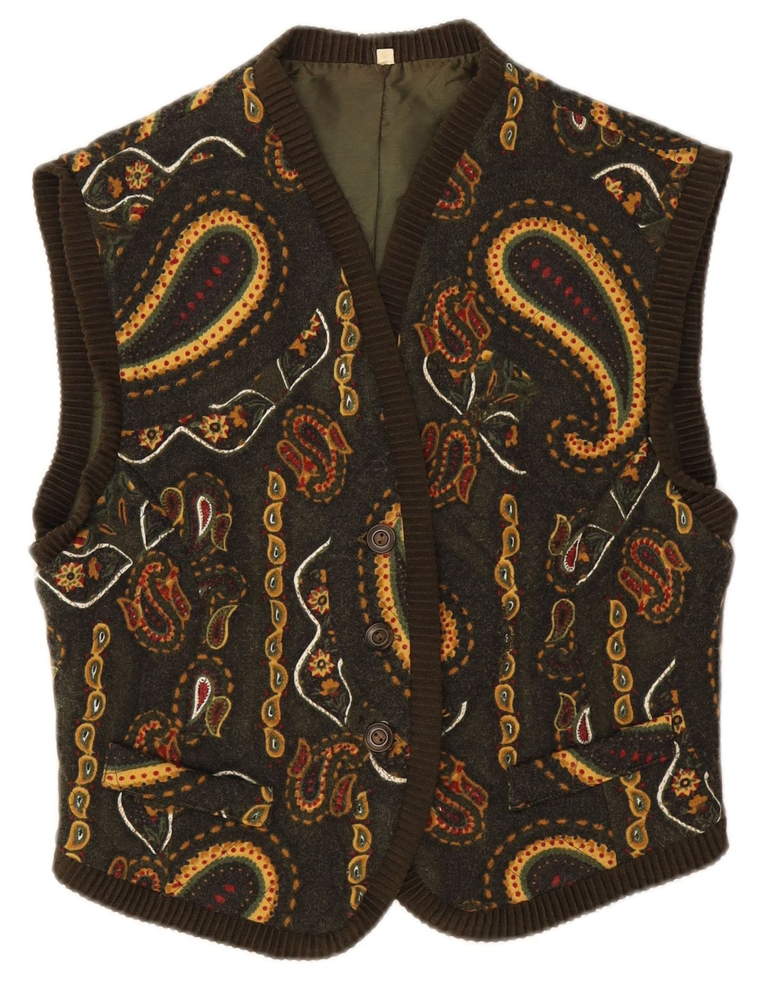 Vintage Womens Crop Waistcoat IT 44 Medium Green Paisley Wool