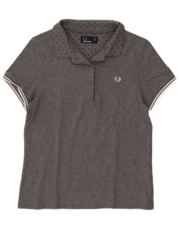 Fred Perry Womens Polo Shirt UK 12 Medium Grey Spotted Cotton