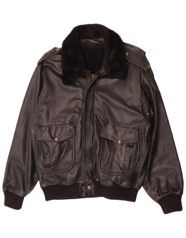 Vintage Mens Military Leather Jacket IT 56 3XL Black Leather