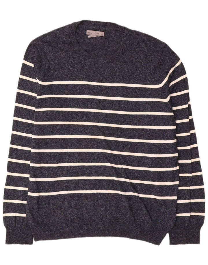 Marks & Spencer Mens Crew Neck Jumper Sweater Large Navy Blue Striped